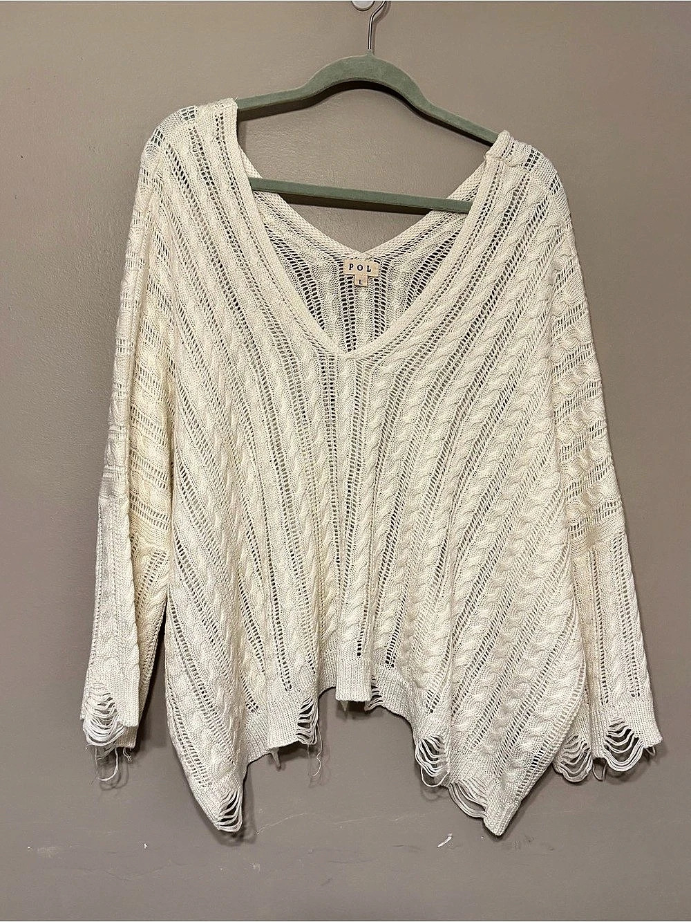 POL Cream Open Weave Knit Sweater Size Large Distressed Fringe Hem V Neck